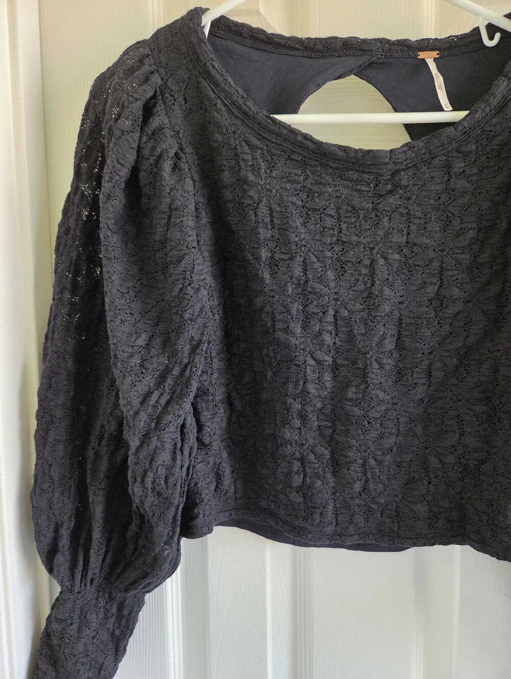 Free People Tea Time Top Black Lace Puff Sleeve Open Back Cropped Blouse Size M